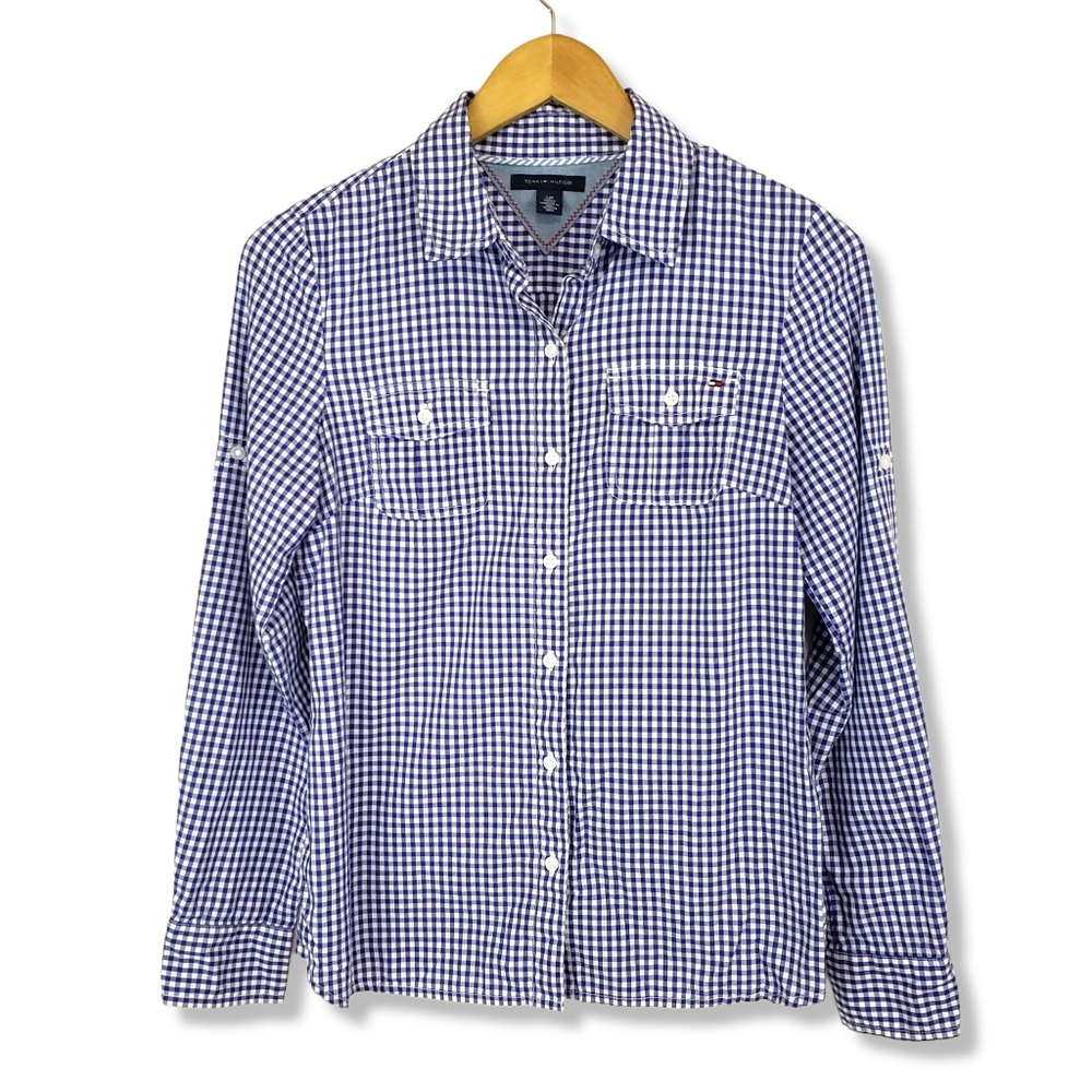 Tommy Hilfiger Blue and White Gingham Checkered Button-up Top Size Small